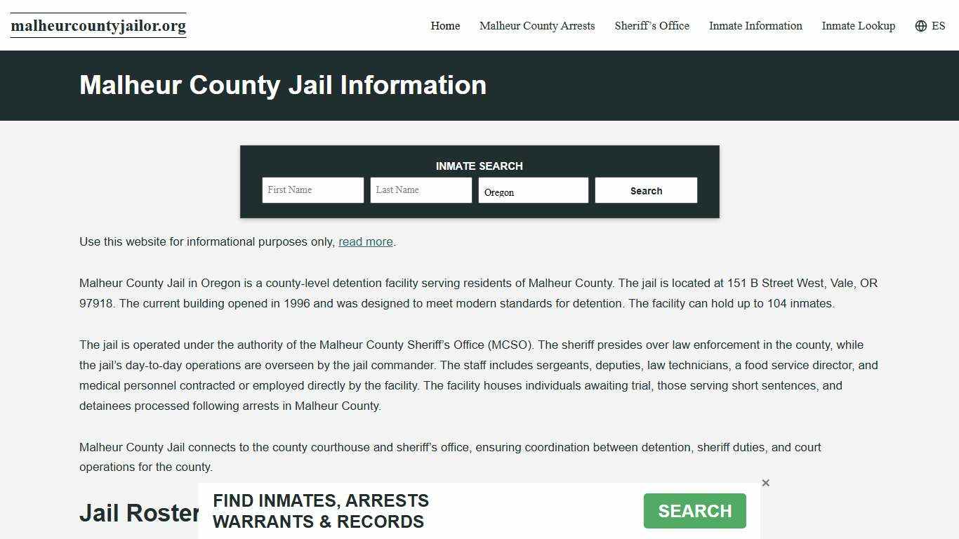 Malheur County, OR Jail Roster, Inmate Info