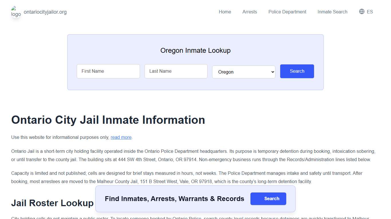 Ontario Jail, OR Inmate Roster, Municipal Jail Info